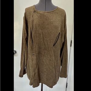 VINTAGE 1990s RANDY ALLEN OVERSIZED LINEN BLEND TOP BROWN BLACK LEATHER TRIM XL